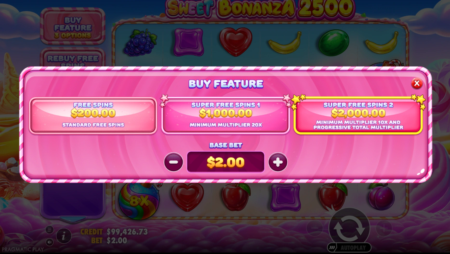 Menú de compra de bonificación de Sweet Bonanza 2500 con opciones de giros gratis