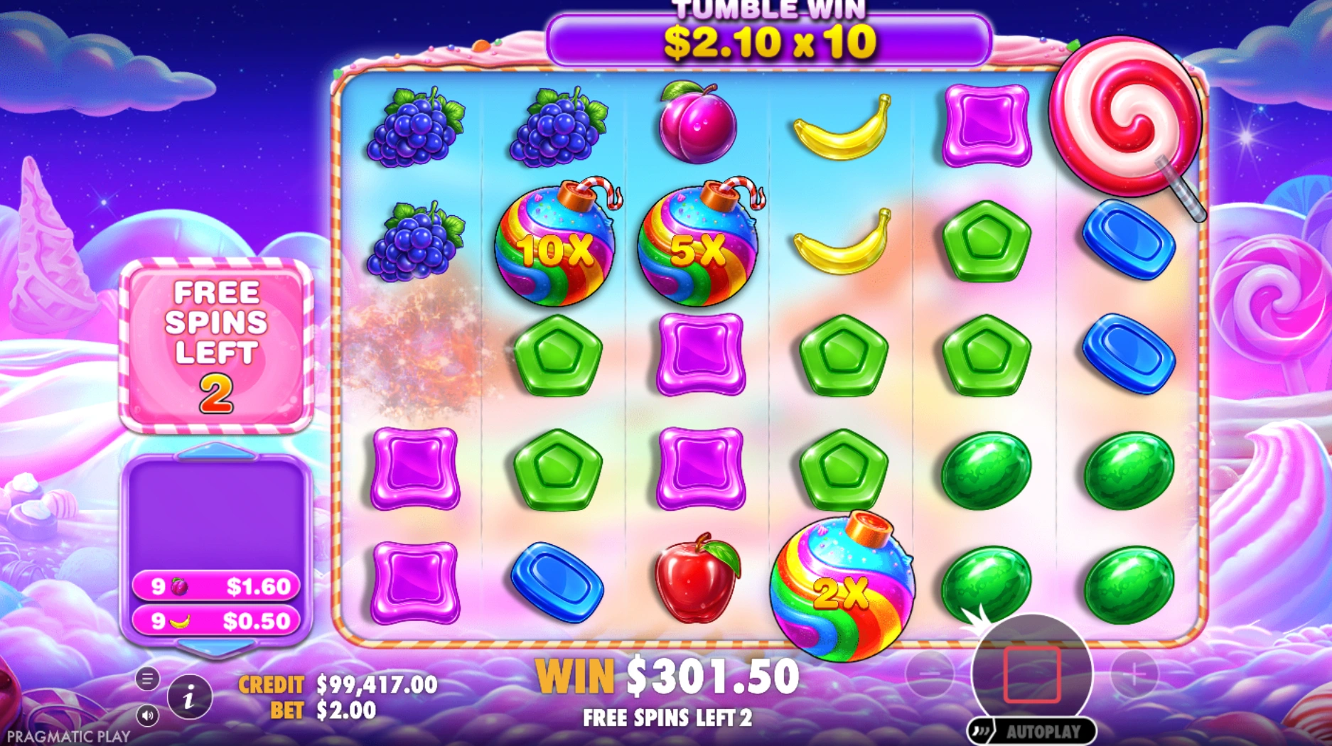 Multiplicador Candy Bomb de Sweet Bonanza 2500 durante los giros gratis