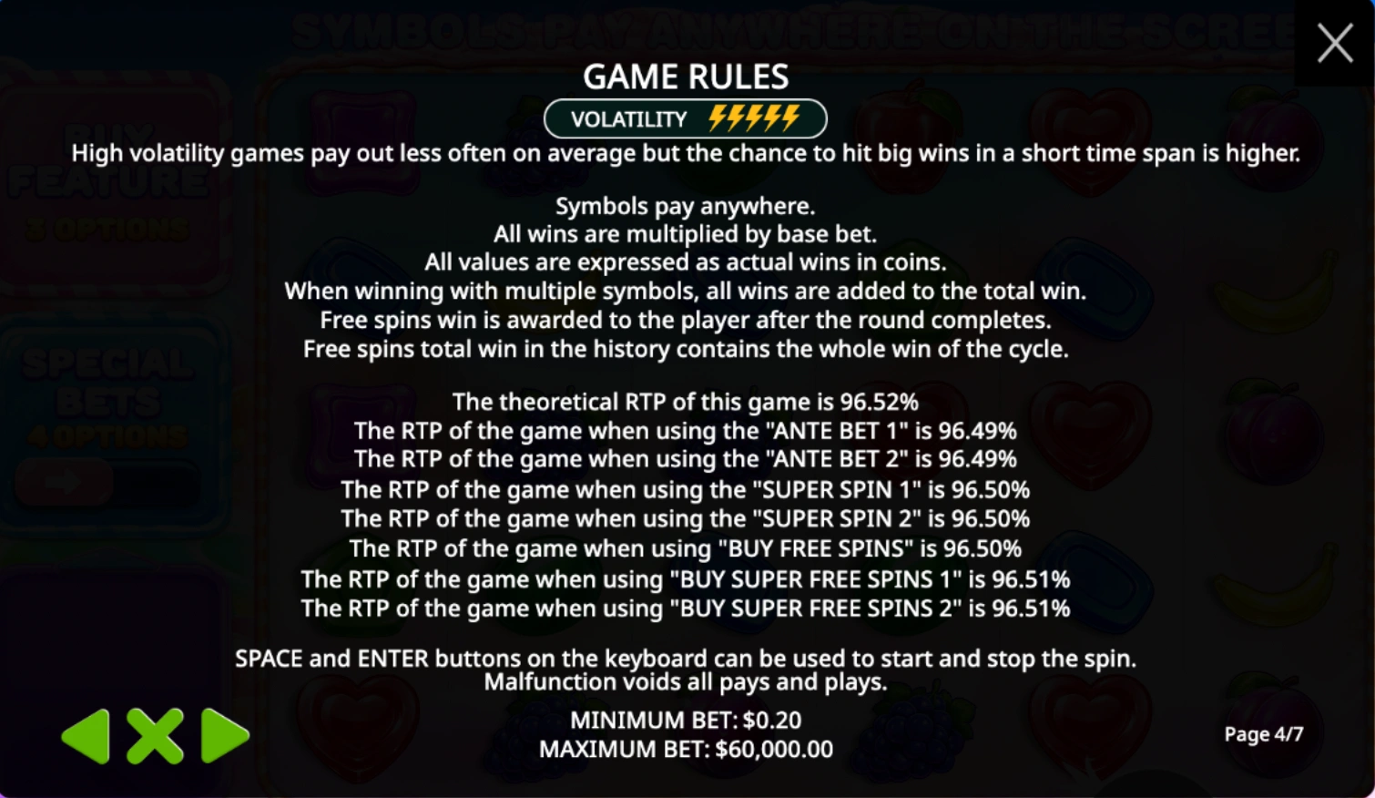 Pantalla de información de Sweet Bonanza 2500 que muestra RTP y reglas del juego