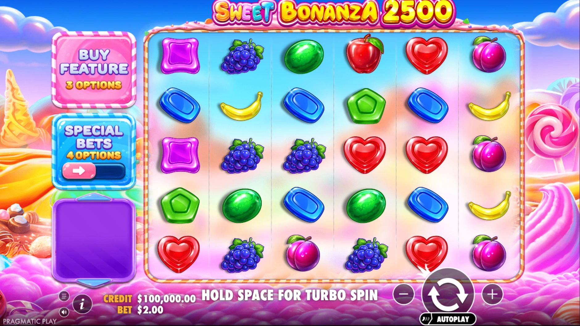 Pantalla del juego principal de la tragamonedas Sweet Bonanza 2500 de Pragmatic Play