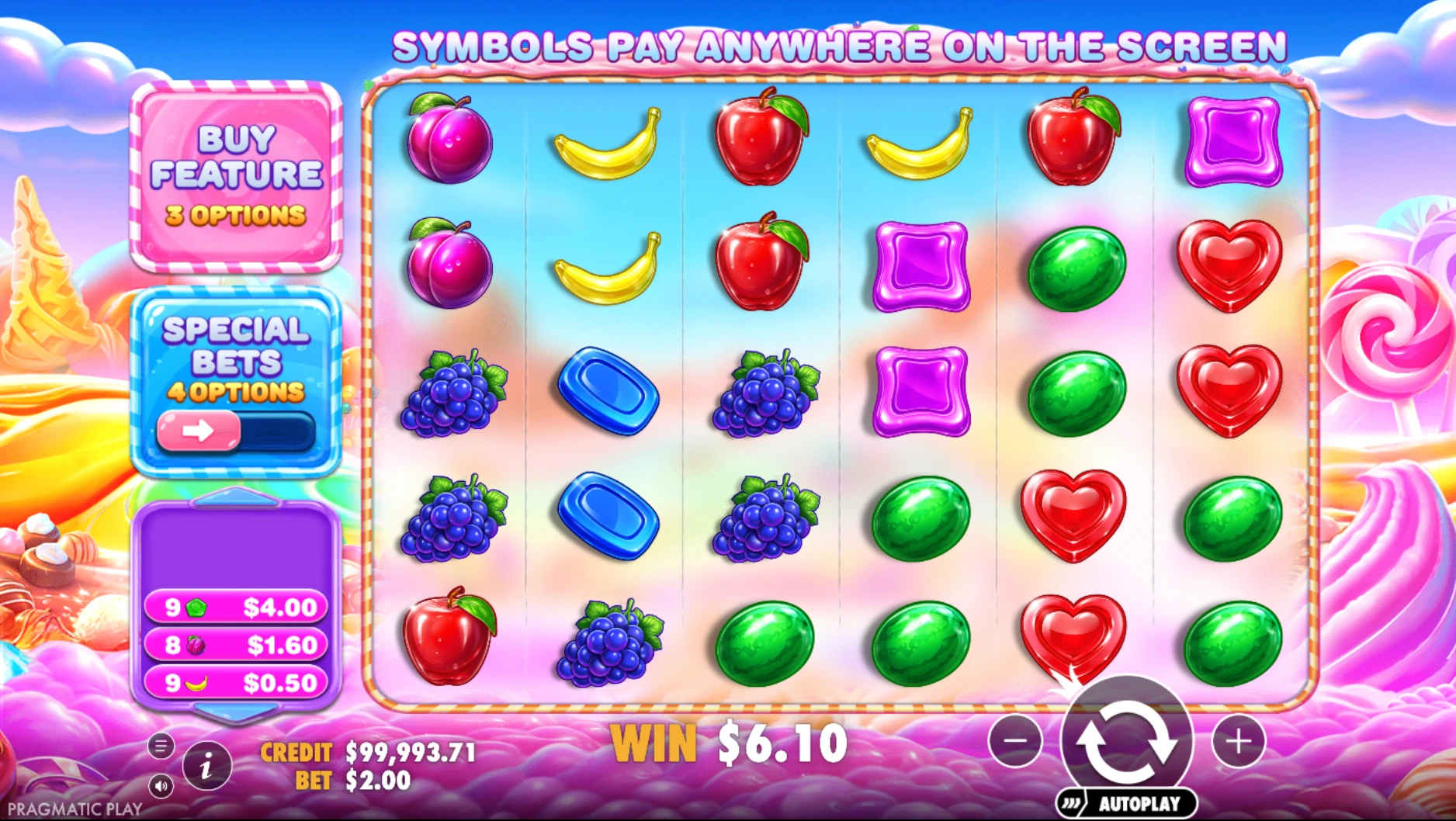 La función de cascada de Sweet Bonanza 2500 creando una combinación ganadora